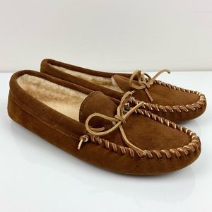 Minnetonka Men’s Brown Leather Suede Softsole Moccasin Lined Slippers Size 10.0
